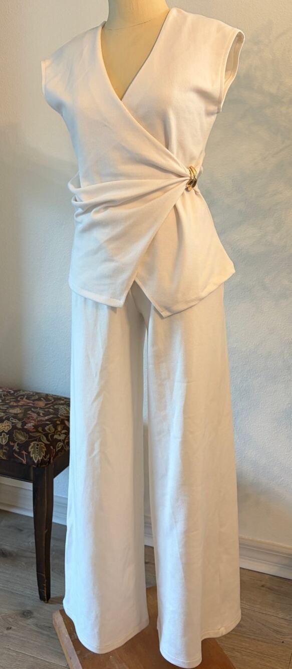 Maeve Anthropologie White Wrap Top Wide Leg Pants Set Small Gold Ring Lounge